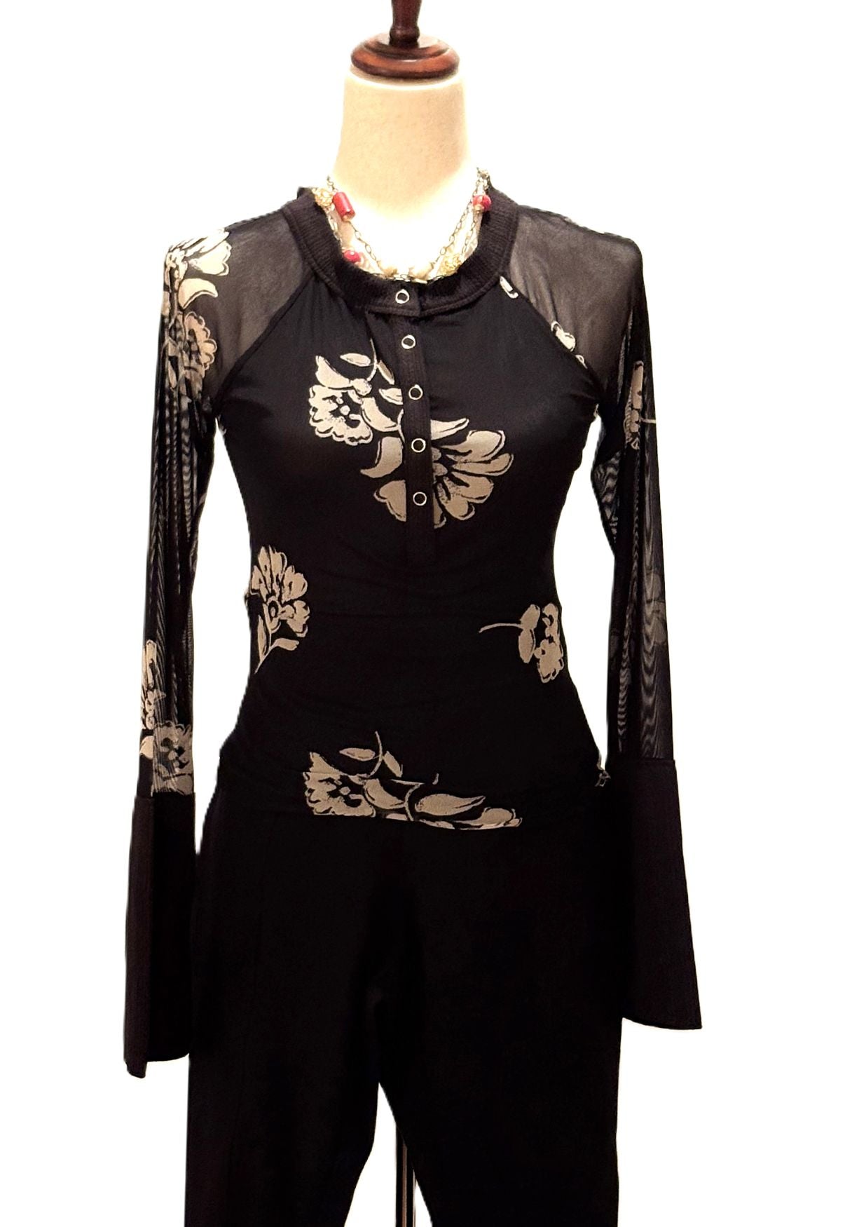 Tops: Floral-Print Mesh Raglan-Sleeve Henley Top (Black)
