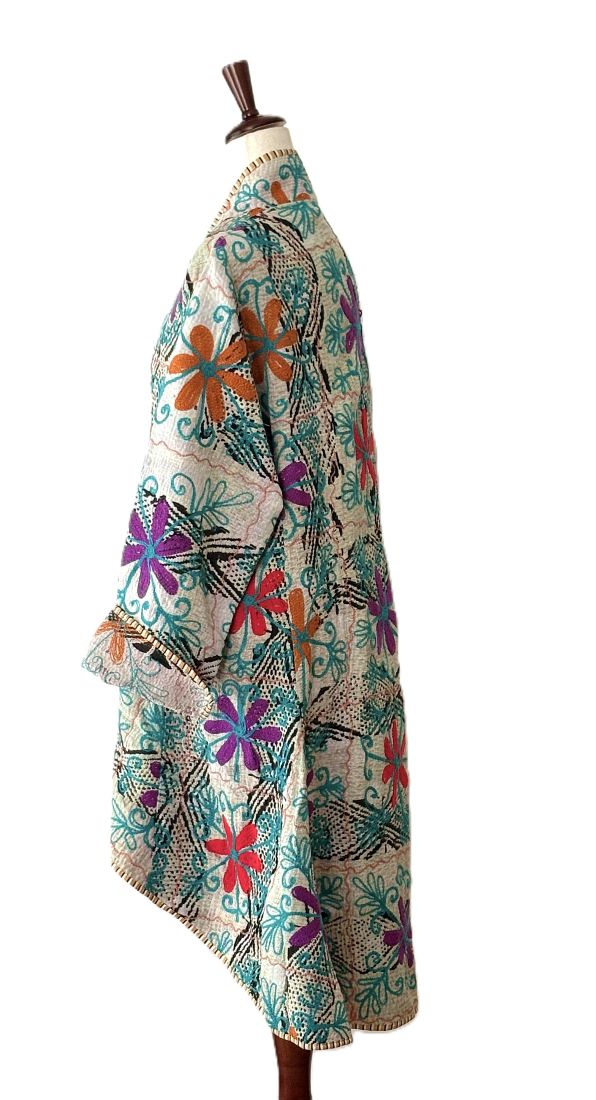Tulip Cut Waist Coat Is Fully Reversible With Suzani And Kantha Stitching. (Green Blue)
