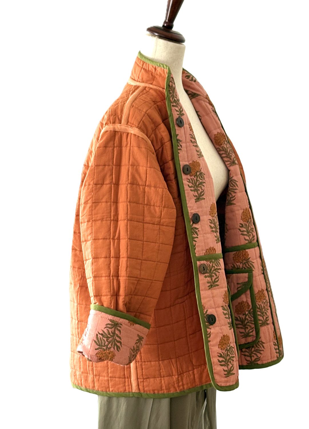 Jackets, Fully Reversible Short Quilted Jacket With Kantha Stitching. (Melon)