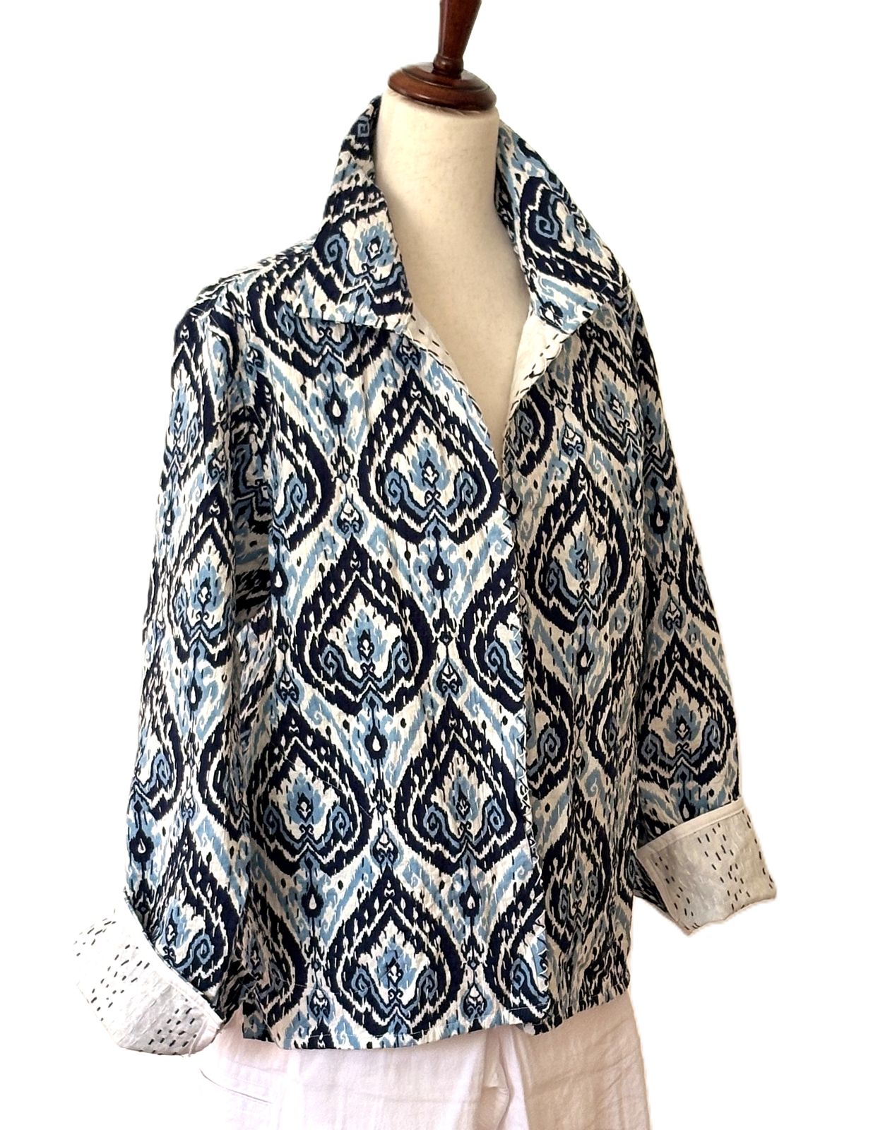Kantha Quilted Short Handmade Cotton Jacket, Fully Reversible. Geometric Print.