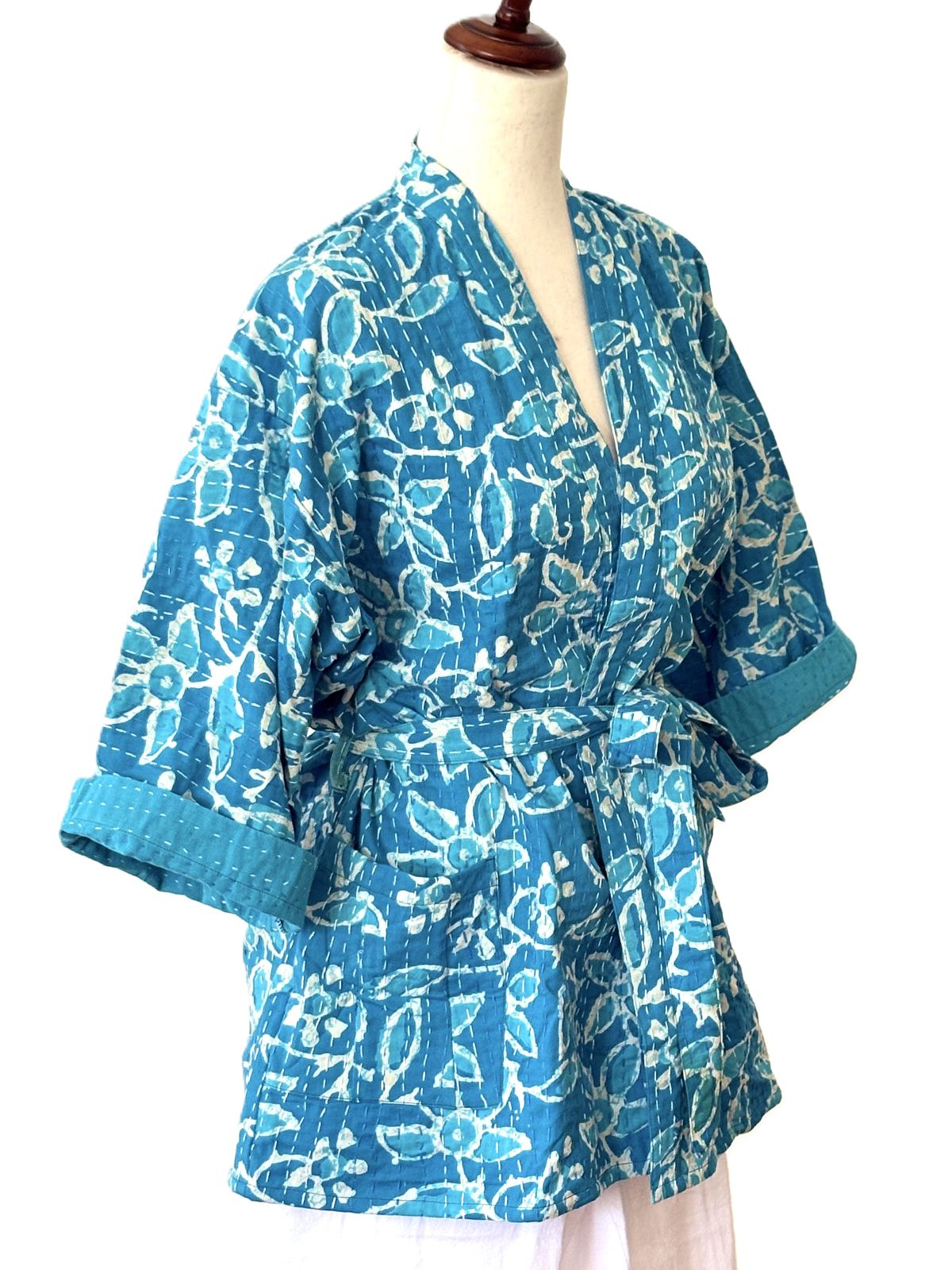 Kantha Quilted Short Handmade Cotton Jacket, Fully Reversible. (Turquoise)