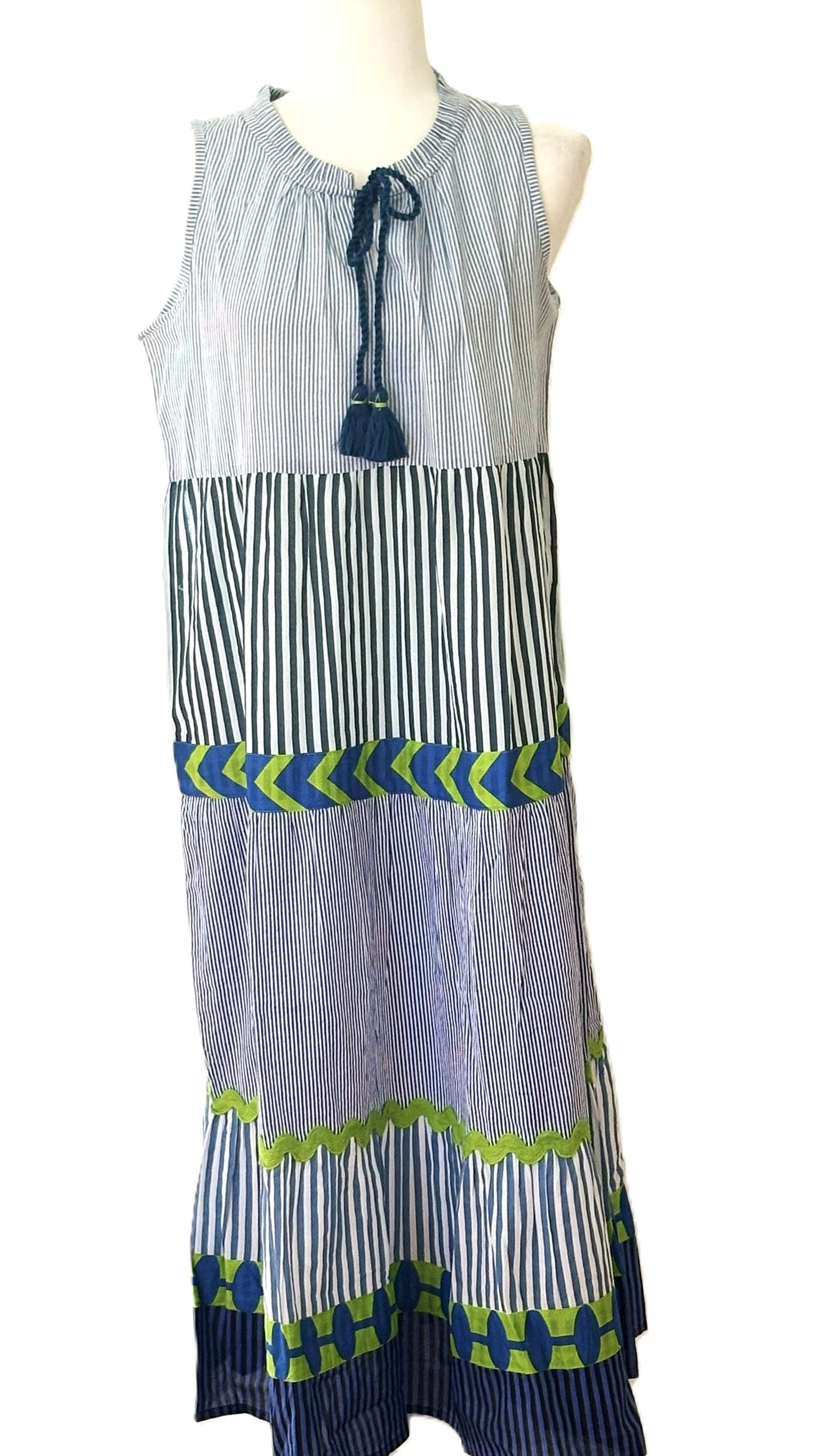 Dresses: Sleeveless Handloomed Maxi Dress With Handmade Contrast Detailing.