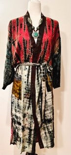 Luxury Mixed Print Silk Kimono Duster is Sophisticated (Tie Dye Red)