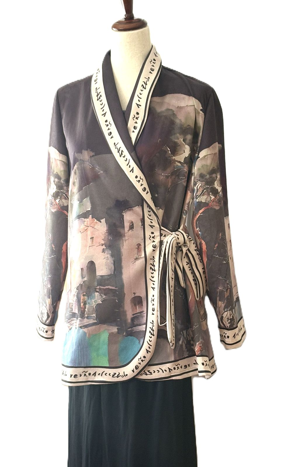 Italian Watercolor Landscape Suede Wrap Jacket: Brushed Polyester, Left-Tie Closure (Black)