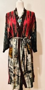 Luxury Mixed Print Silk Kimono Duster is Sophisticated (Tie Dye Red)
