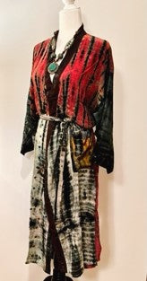Luxury Mixed Print Silk Kimono Duster is Sophisticated (Tie Dye Red)
