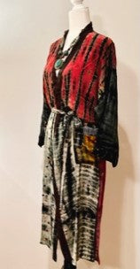 Luxury Mixed Print Silk Kimono Duster is Sophisticated (Tie Dye Red)