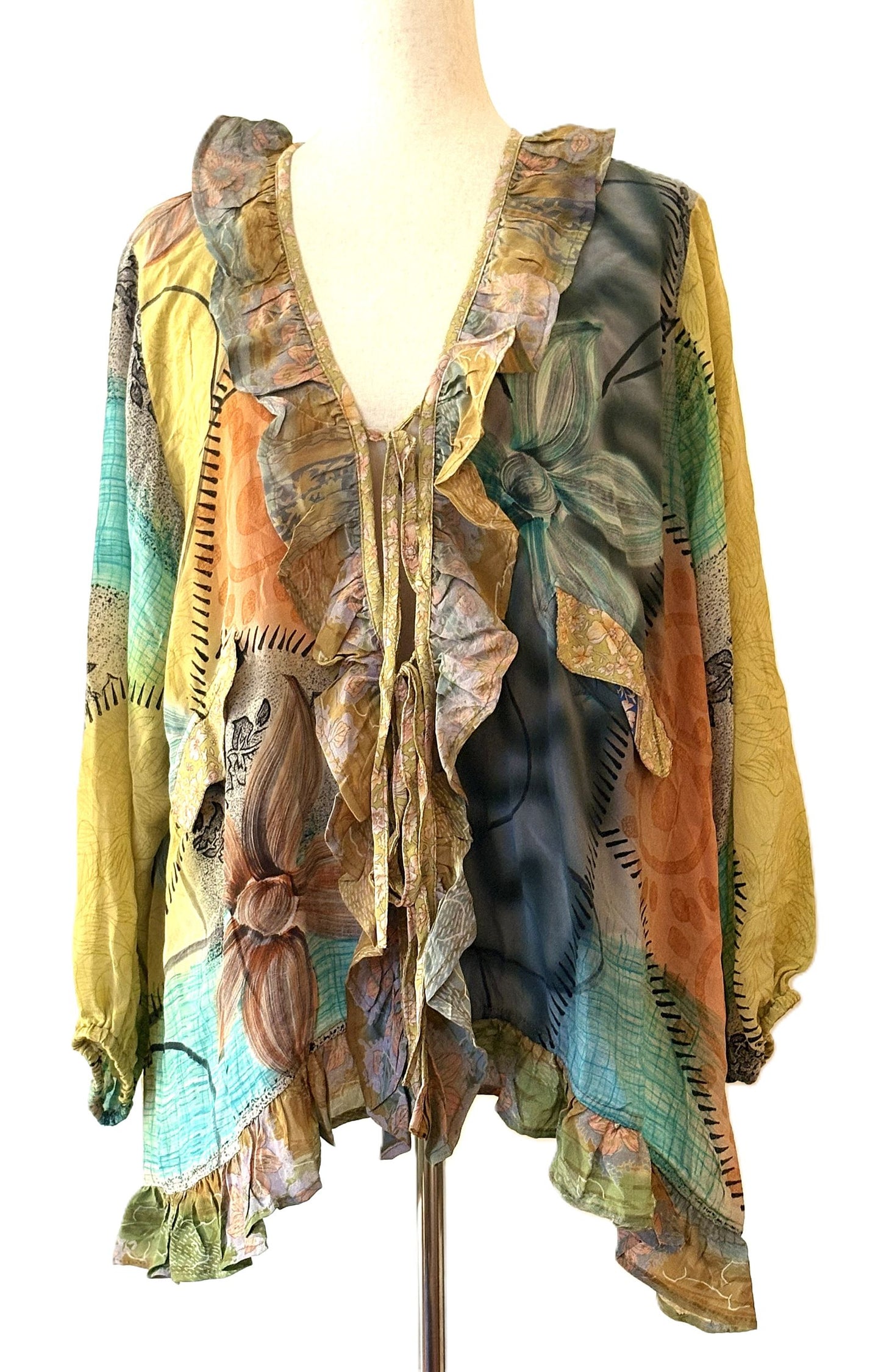Kantha Bae Crepe Sari Ruffle Daisy Blouse (Mixed print)