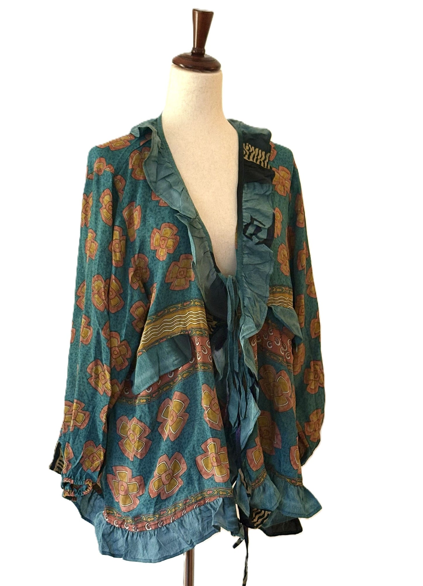 Kantha Bae Crepe Sari Ruffle Daisy Blouse (Teal Bronze)