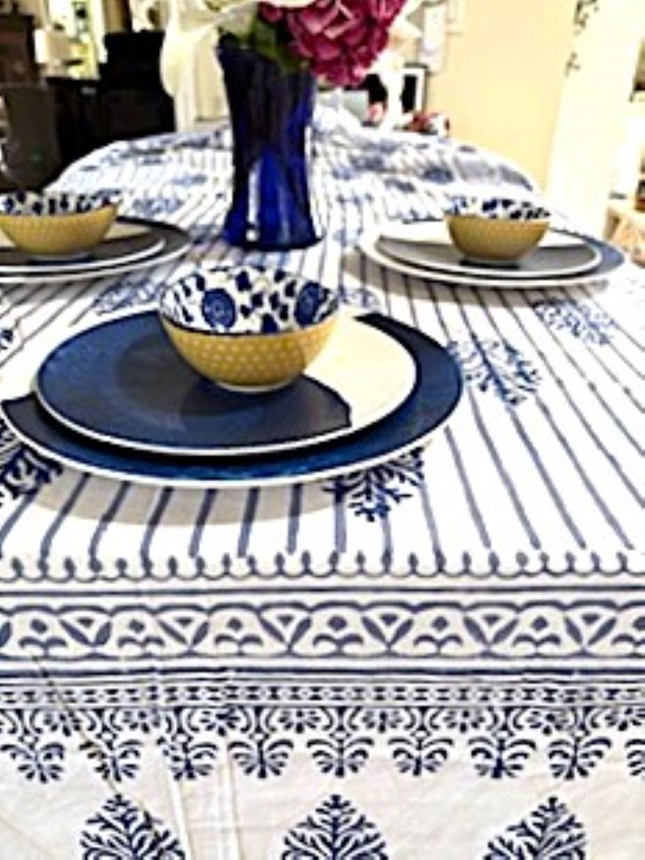 Table, Exceptional Block Print Cotton Table Cloth and 8 Napkins