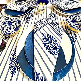 Table, Exceptional Block Print Cotton Table Cloth and 8 Napkins.