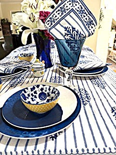 Table, Exceptional Block Print Cotton Table Cloth and 8 Napkins