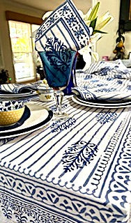 Table, Exceptional Block Print Cotton Table Cloth and 8 Napkins
