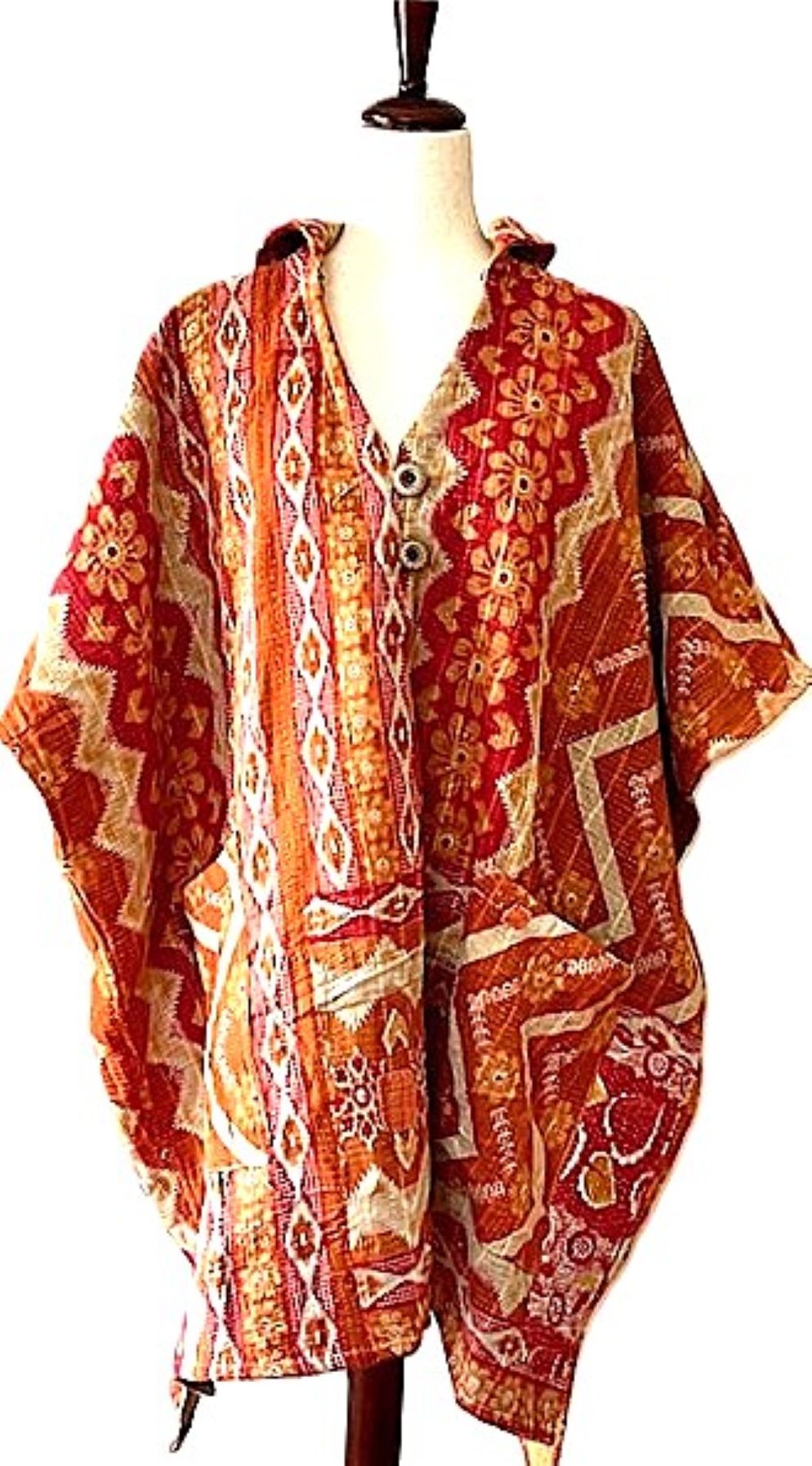 Kantha Bae Peace and Love Poncho. (Red Geometric)