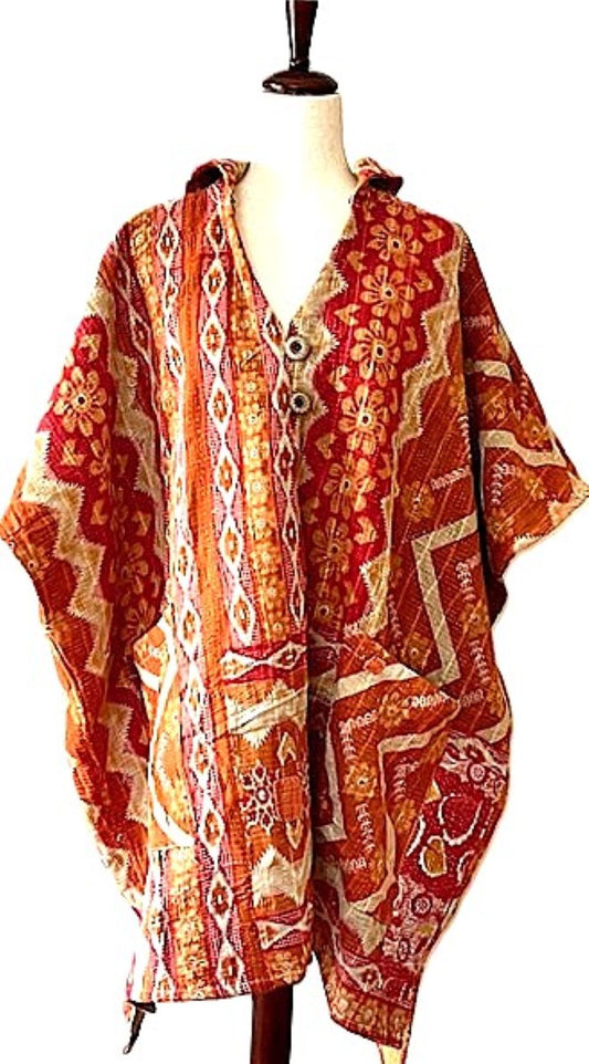 Kantha Bae Peace and Love Poncho. (Red Geometric)