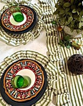 Table, Striped Linen Placemats And Runner With Ruffles (Olive)
