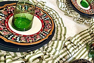 Table, Striped Linen Placemats And Runner With Ruffles (Olive)