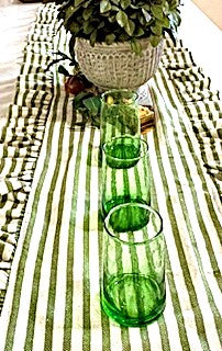 Table, Striped Linen Placemats And Runner With Ruffles (Olive)