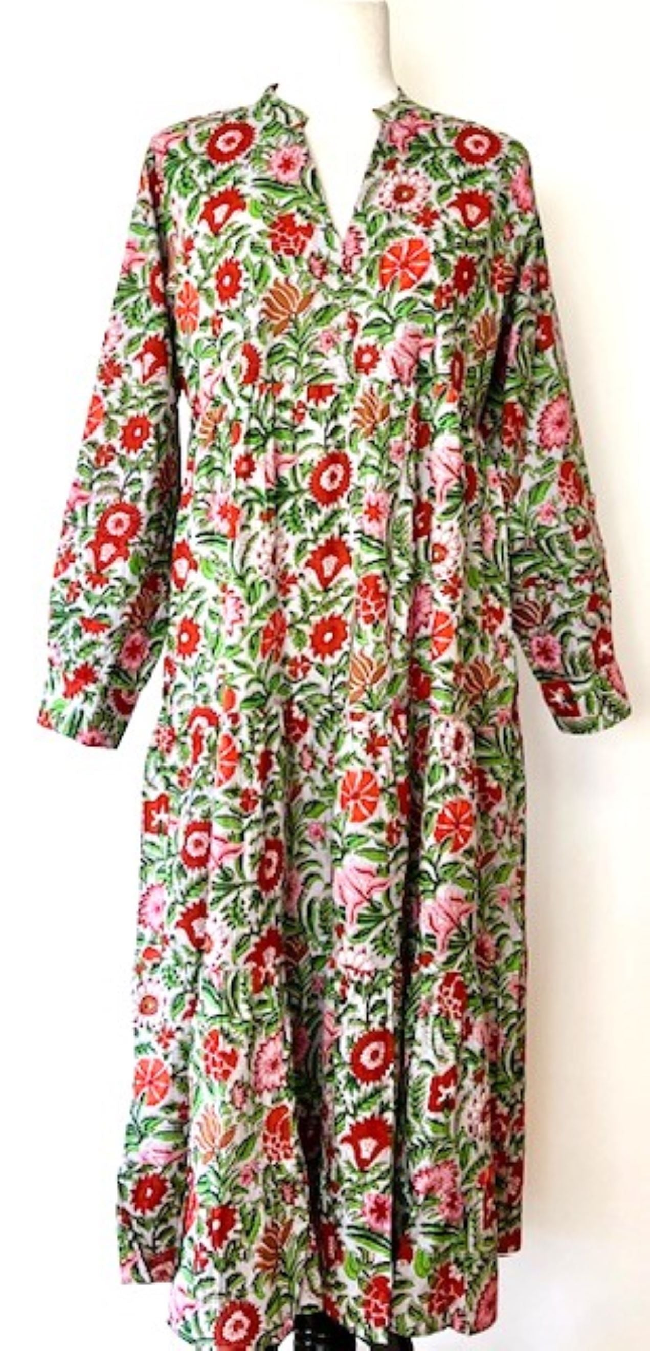 Tiered Flounce Block Print Cotton Dress (Green Flowers)