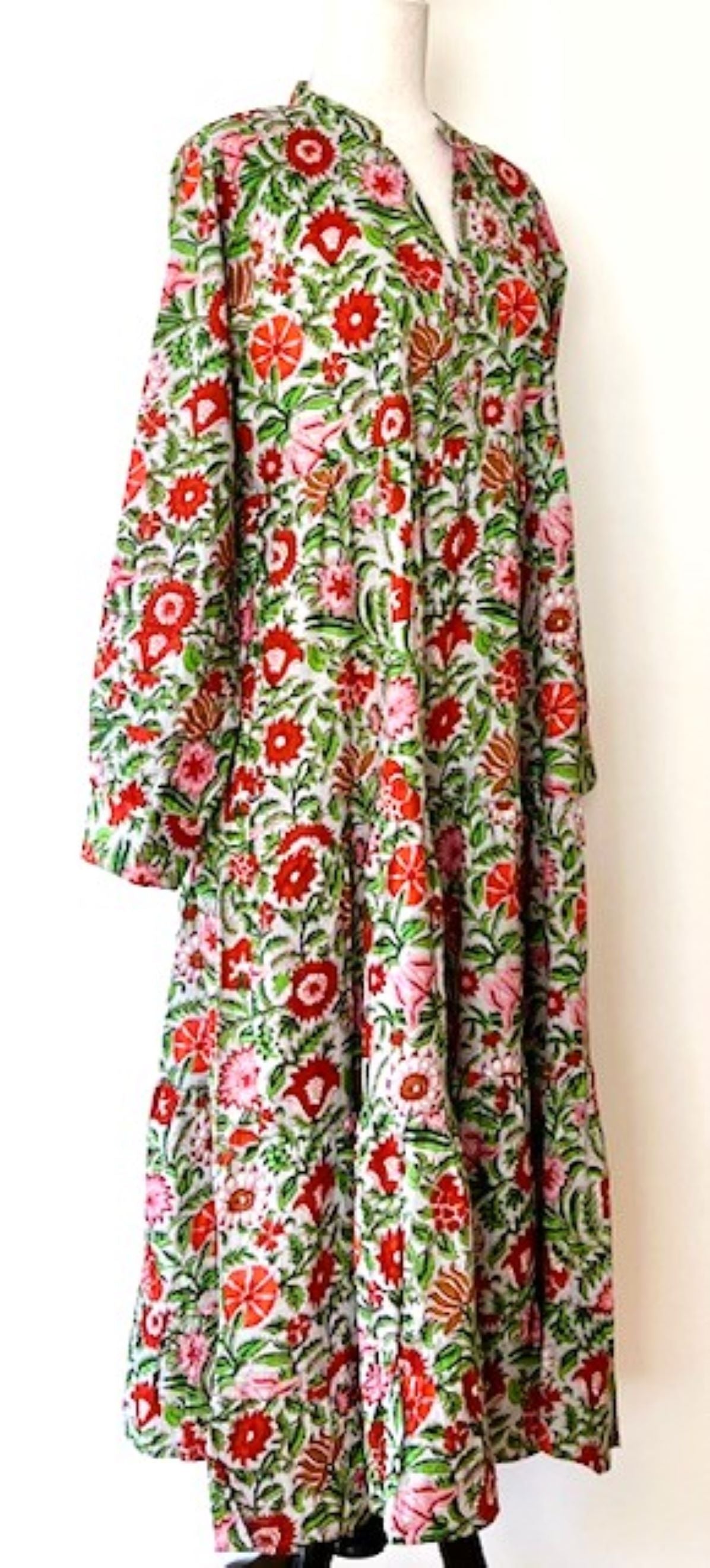 Tiered Flounce Block Print Cotton Dress (Green Flowers)