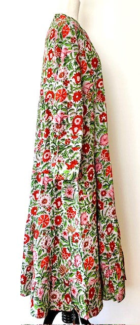 Tiered Flounce Block Print Cotton Dress. So Flattering. (Green Flowers)