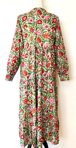 Tiered Flounce Block Print Cotton Dress. So Flattering. (Green Flowers)