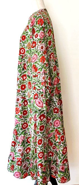 Tiered Flounce Block Print Cotton Dress. So Flattering. (Green Flowers)