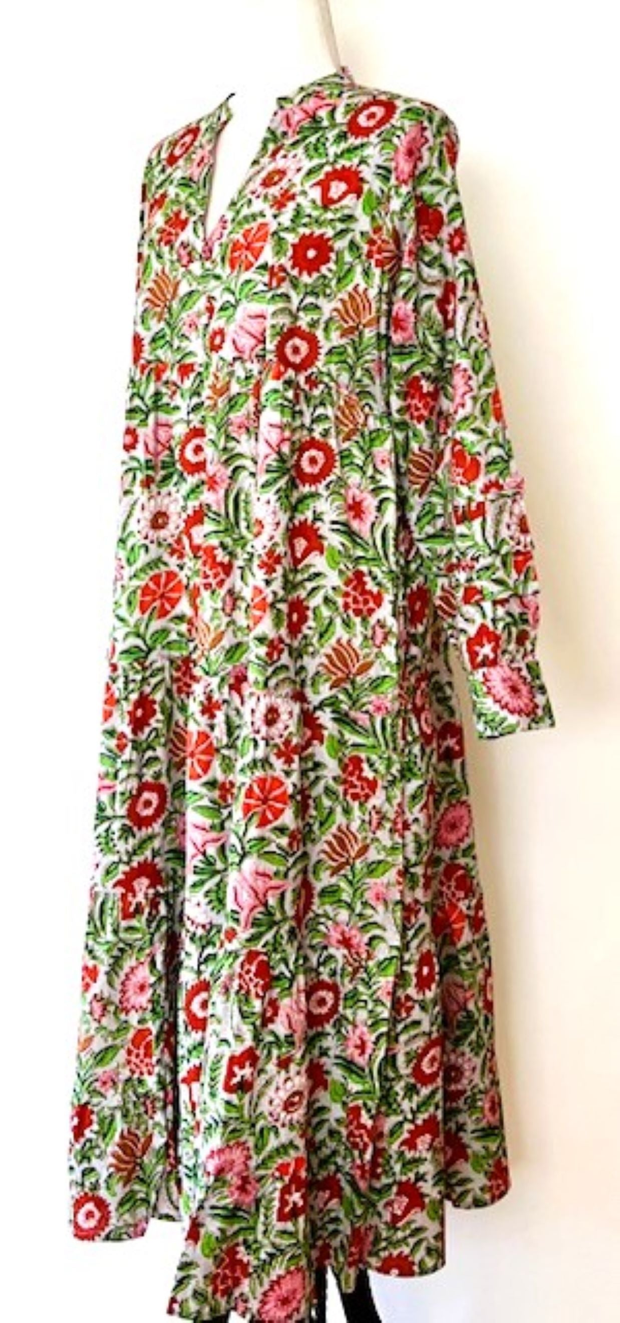 Tiered Flounce Block Print Cotton Dress. So Flattering. (Green Flowers)
