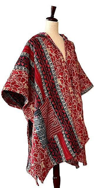 Kantha Bae Wanderlust Poncho. (Red & Blue)