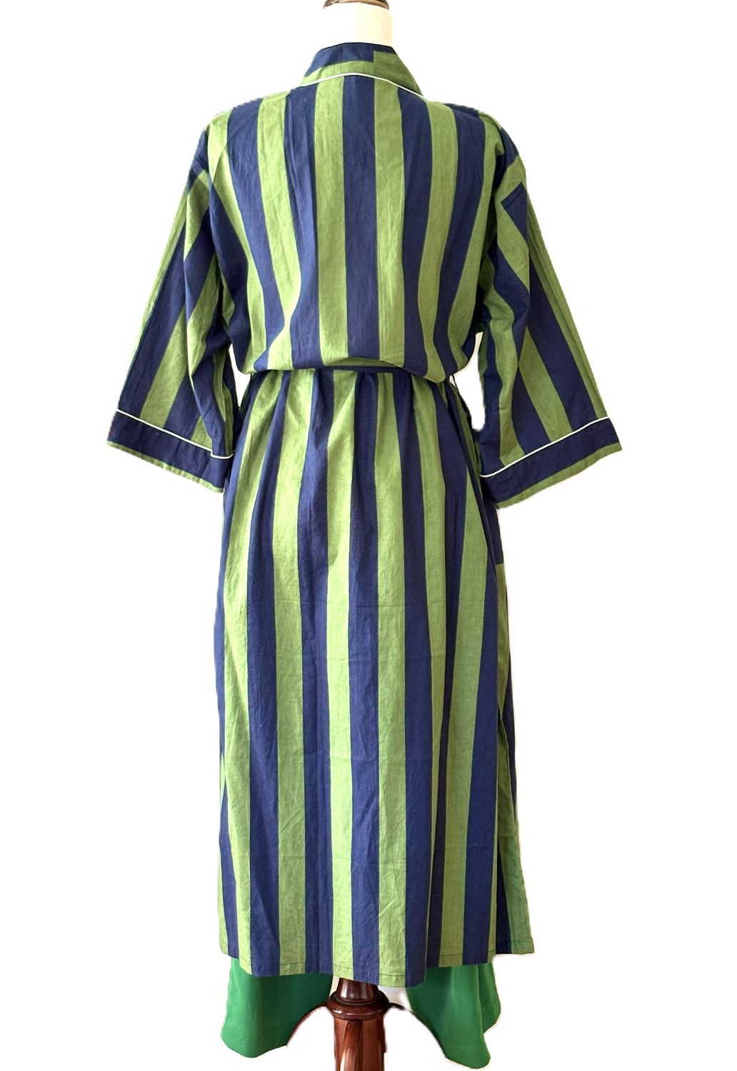 Hand Block Printed Cotton Kimono Duster: Green Navy Stripe