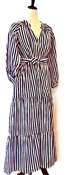 Striped Cotton Handblock Midi Dress (Purple White Stripe)
