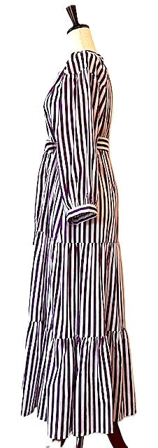 Striped Cotton Handblock Midi Dress (Purple White Stripe)
