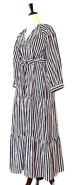 Striped Cotton Handblock Midi Dress (Purple White Stripe)