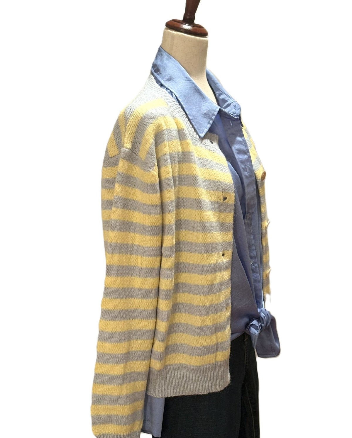 Top, Slouchy Colorblock Hollow Stripe Button Knit Cardigan