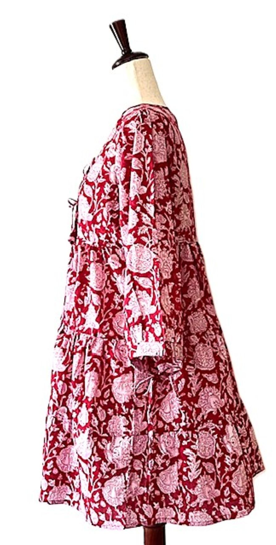 Floral Block Print Mini Maxi Dress Looks Crisp in Shades of Red and Pink