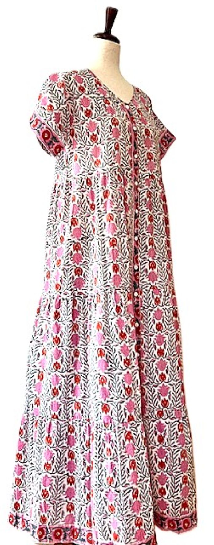 Cotton Block Print Maxi Dress Is Classic and Appealing In A Wallpaper Print. (Pink)