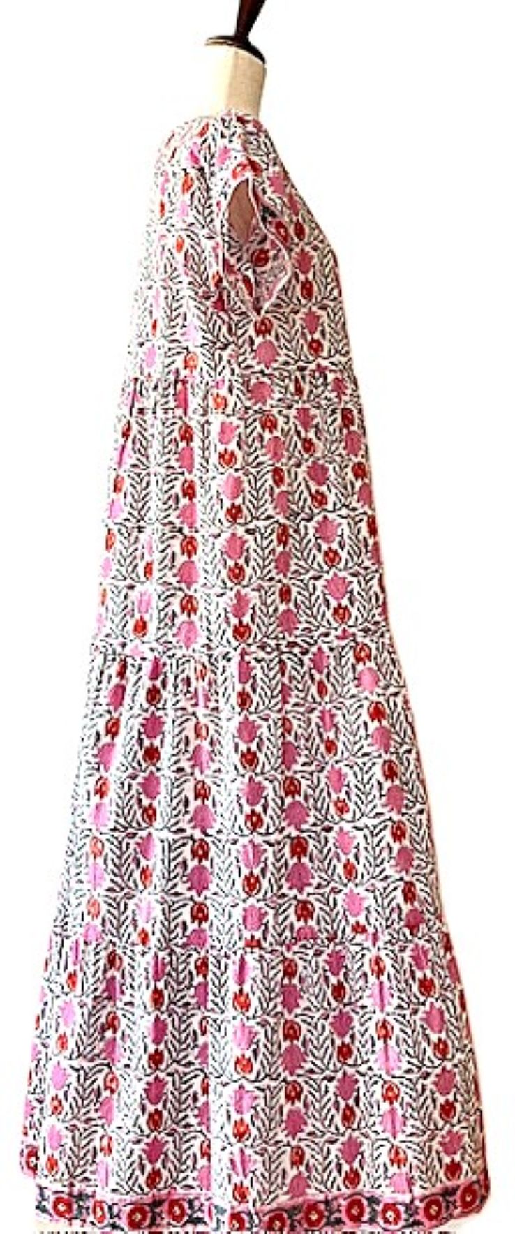 Cotton Block Print Maxi Dress Is Classic and Appealing In A Wallpaper Print. (Pink)