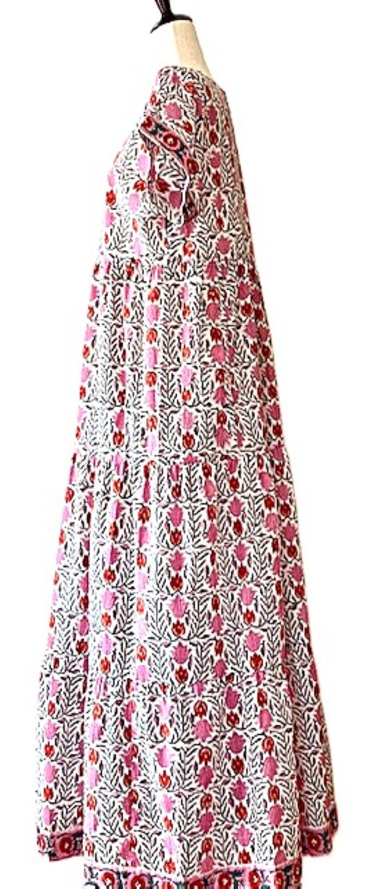 Cotton Block Print Maxi Dress Is Classic and Appealing In A Wallpaper Print. (Pink)