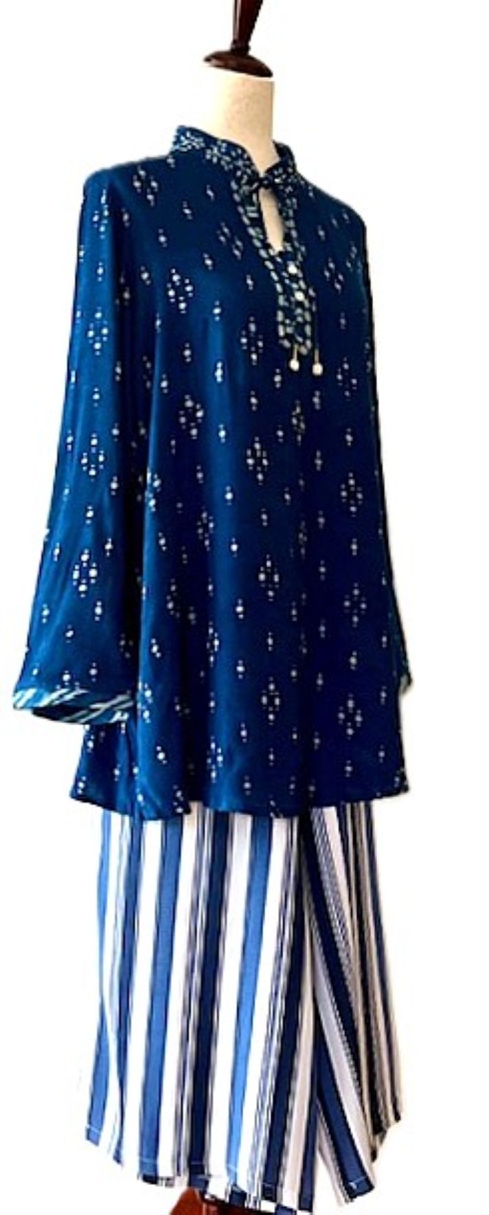 Standout Tunic Top With Detailed Bordered Placket Handmade. (Indigo)