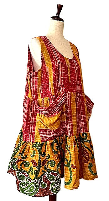 Kantha Bae Quilted Meadow Mini Dress. Comfortable Chic (Red, Green)