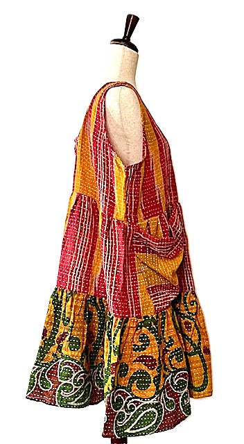 Kantha Bae Quilted Meadow Mini Dress. Comfortable Chic (Red, Green)