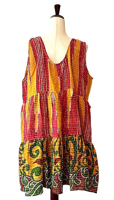 Kantha Bae Quilted Meadow Mini Dress. Comfortable Chic (Red, Green)