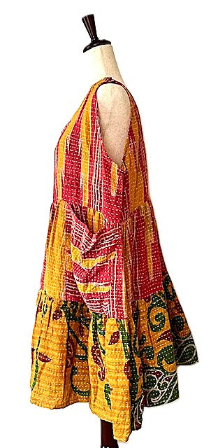 Kantha Bae Quilted Meadow Mini Dress. Comfortable Chic (Red, Green)
