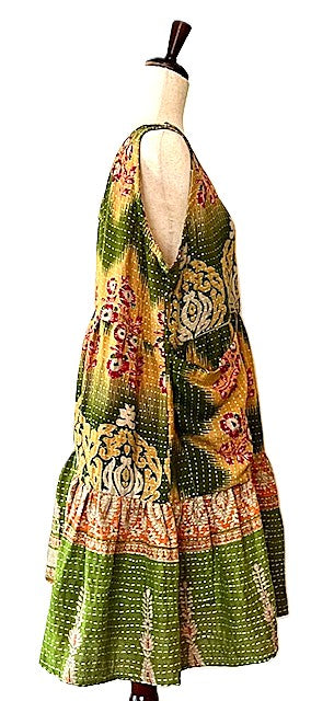 Kantha Bae Quilted Meadow Mini Dress. Comfortable Chic (Green Gold)