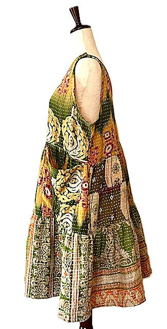 Kantha Bae Quilted Meadow Mini Dress. Comfortable Chic (Green Gold)