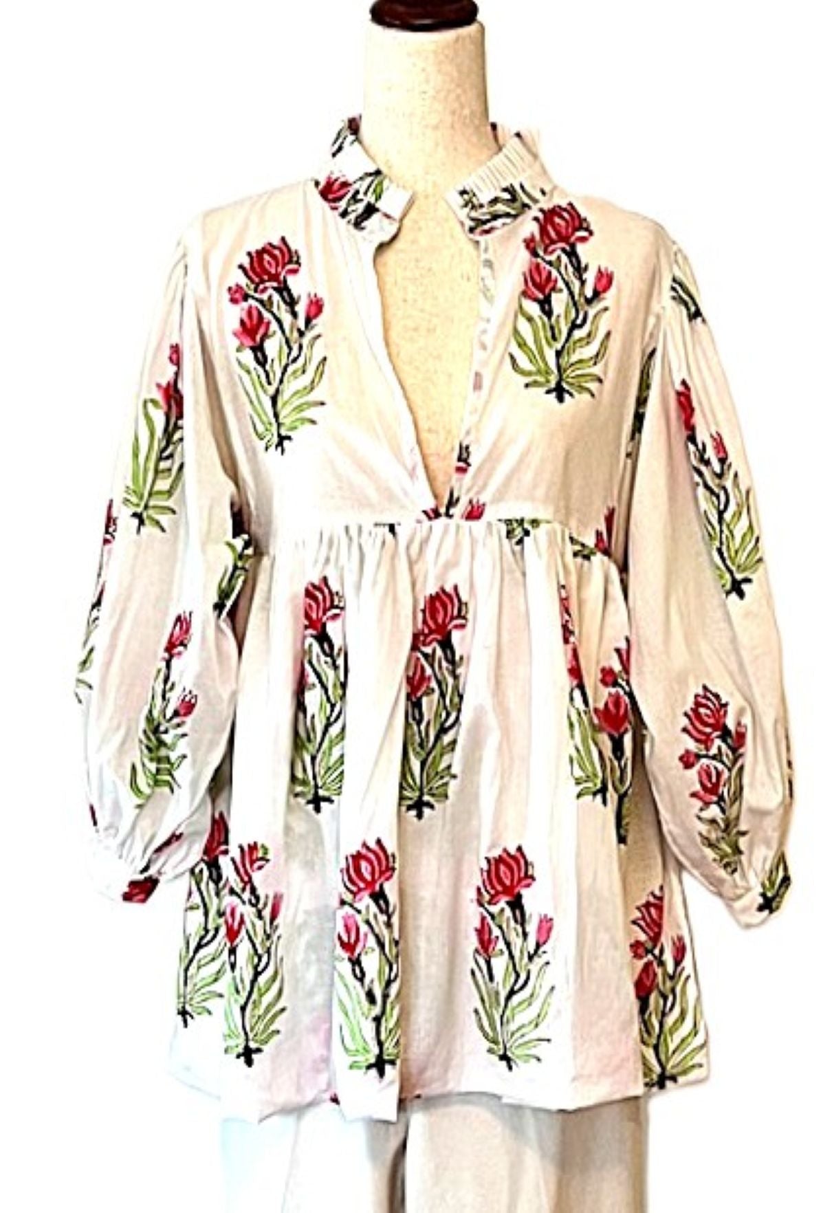 Smart Block Printed Cotton Top, Flattering And Cool. (Blue or Pink)