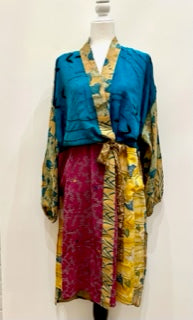 Top of the Line Silk Kimono Duster, Rich Mixed Print (Royal)