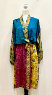 Top of the Line Silk Kimono Duster, Rich Mixed Print (Royal)