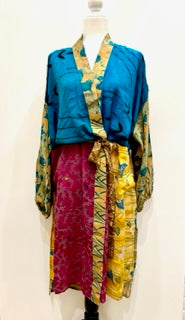 Top of the Line Silk Kimono Duster, Rich Mixed Print (Royal)