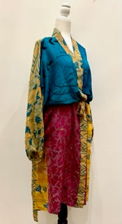 Top of the Line Silk Kimono Duster, Rich Mixed Print (Royal)